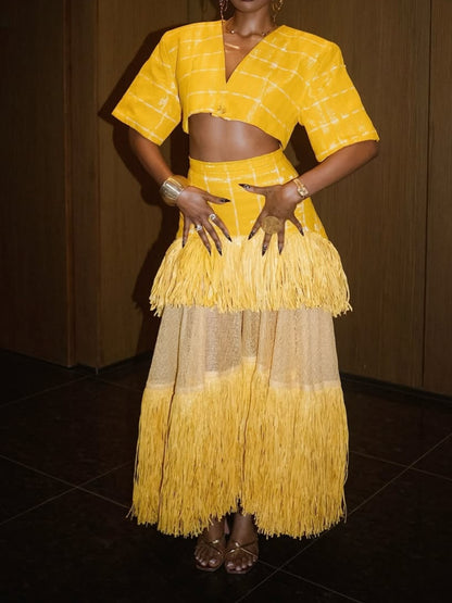 V-neck Cropped Top & Layered Fringed Skirt Set