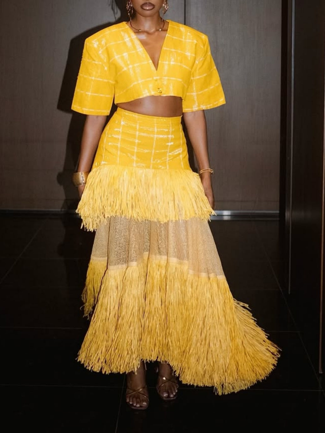 V-neck Cropped Top & Layered Fringed Skirt Set