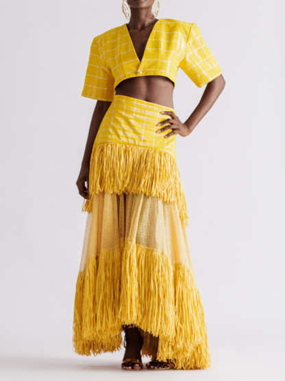 V-neck Cropped Top & Layered Fringed Skirt Set
