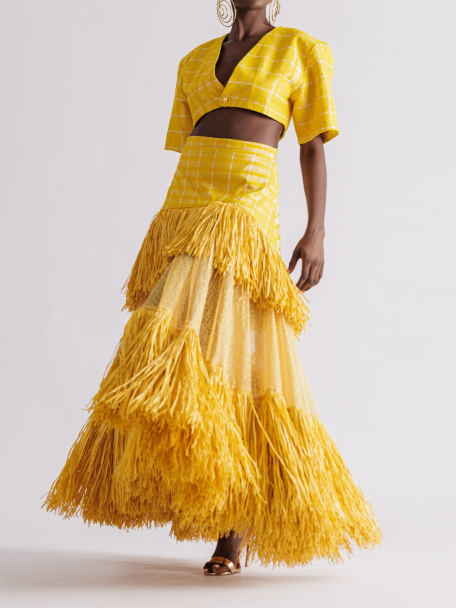 V-neck Cropped Top & Layered Fringed Skirt Set