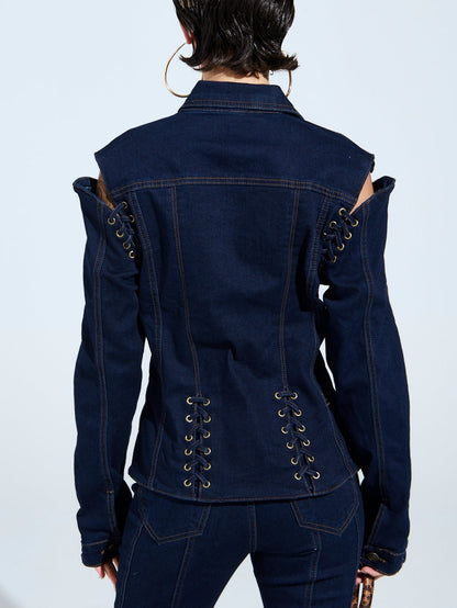 Lace-up Panels Denim Two Pieces Set