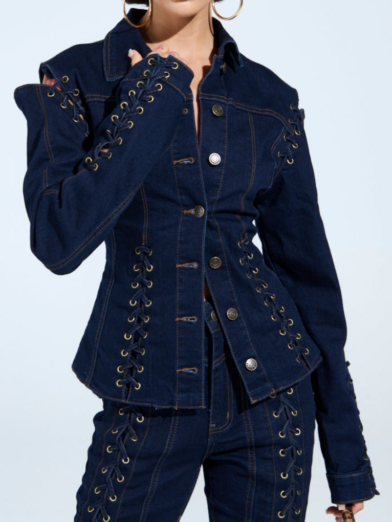 Lace-up Panels Denim Two Pieces Set