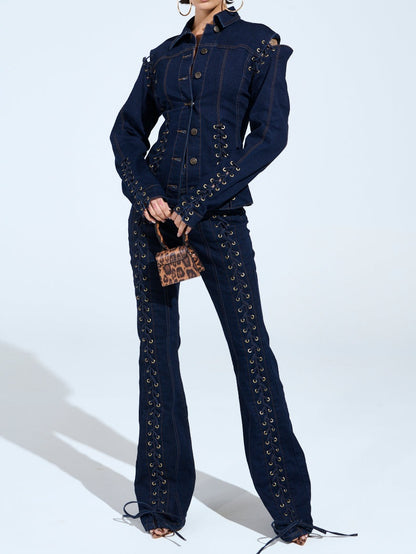 Lace-up Panels Denim Two Pieces Set
