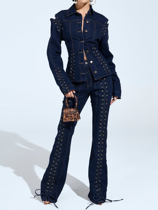 Lace-up Panels Denim Two Pieces Set