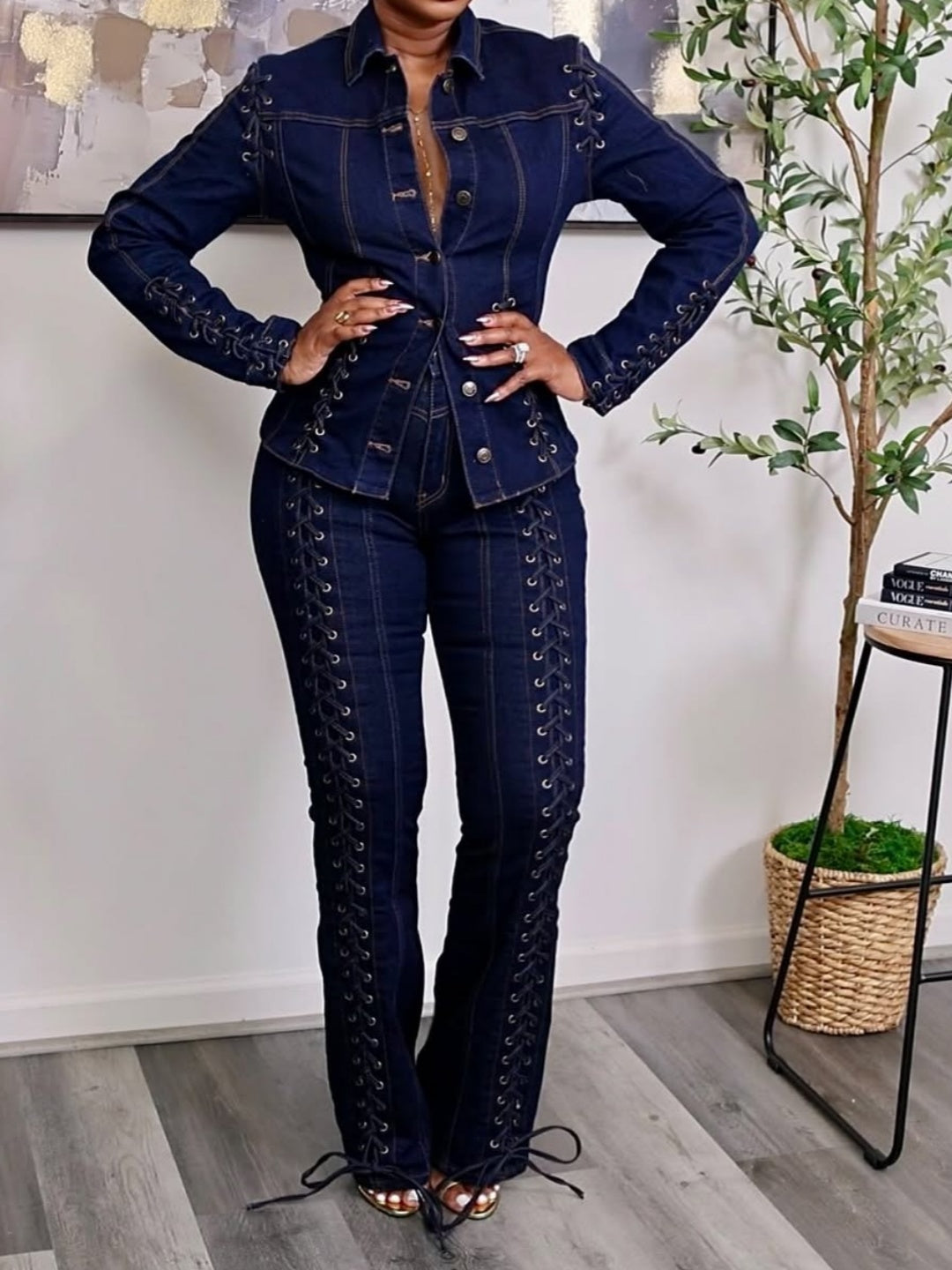 Lace-up Panels Denim Two Pieces Set