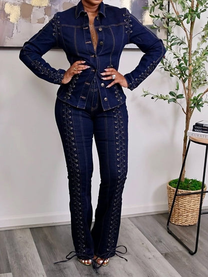 Lace-up Panels Denim Two Pieces Set