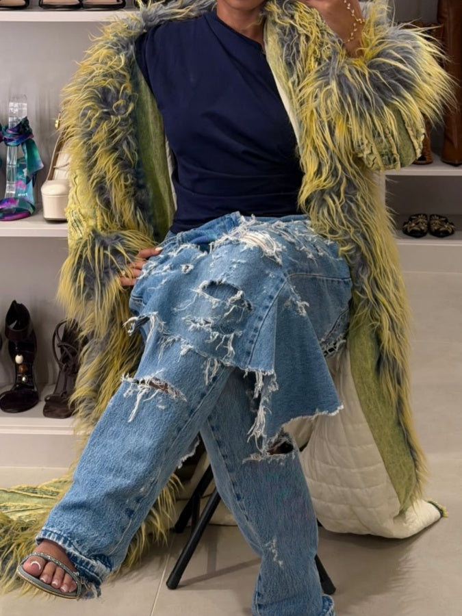 Denim Trench Coat With Fur Collar