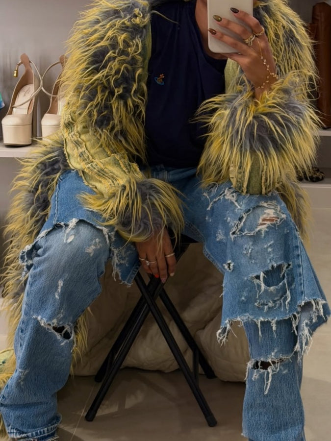 Denim Trench Coat With Fur Collar