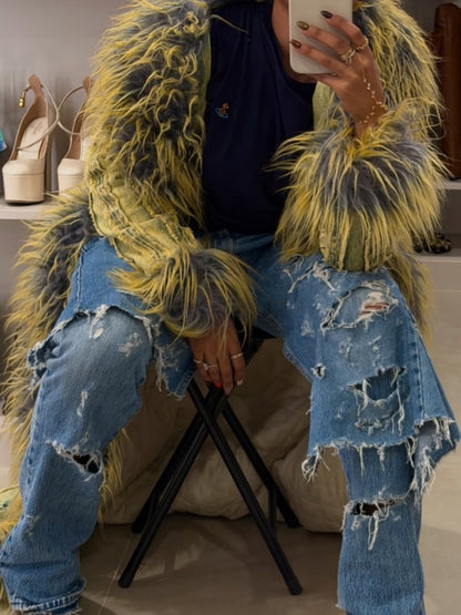 Denim Trench Coat With Fur Collar