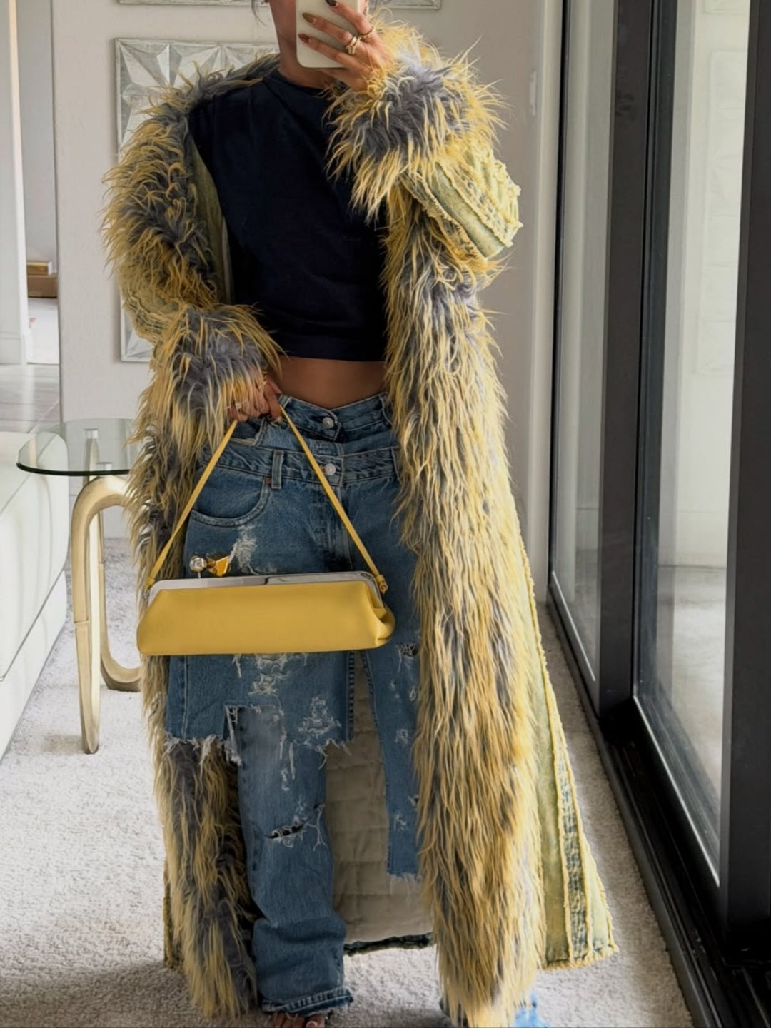 Denim Trench Coat With Fur Collar