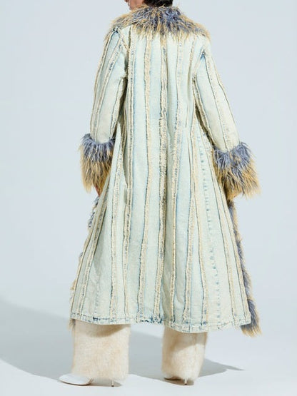 Denim Trench Coat With Fur Collar