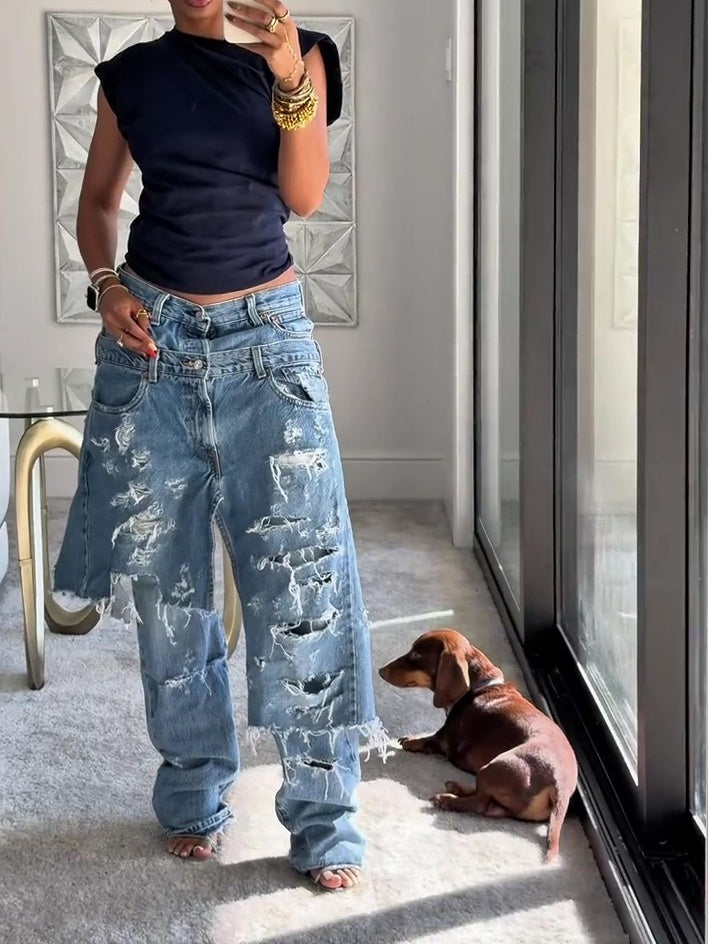 Double waisted ripped wide leg jeans