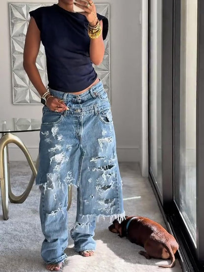 Double waisted ripped wide leg jeans