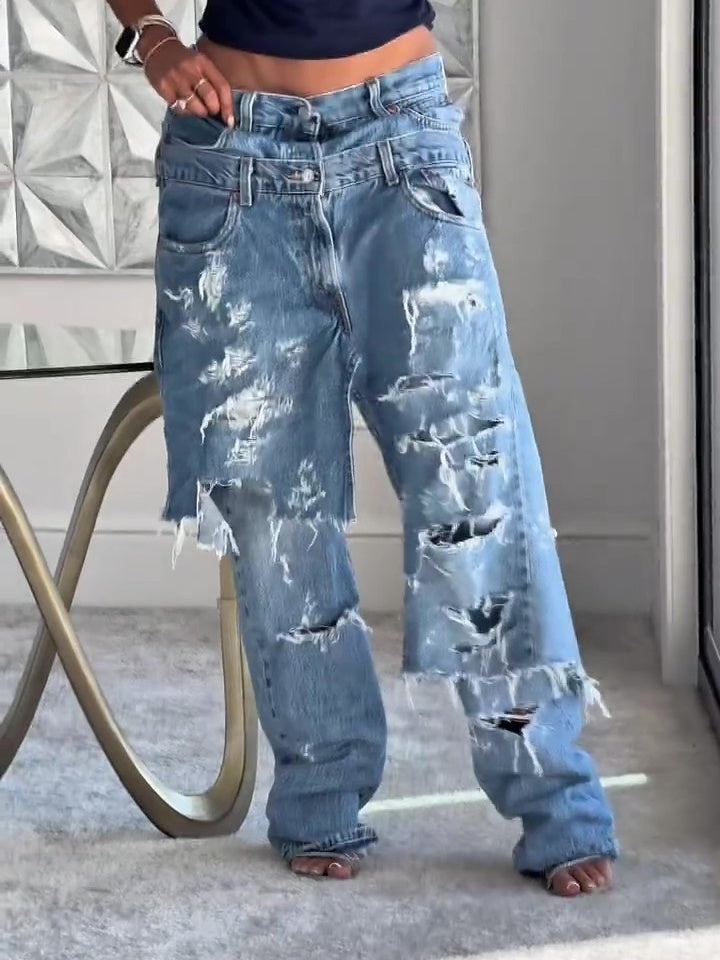 Double waisted ripped wide leg jeans