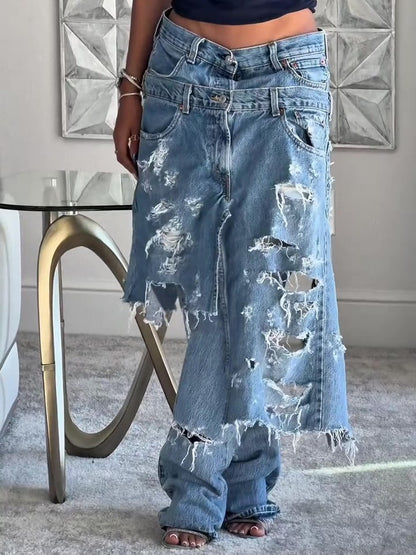 Double waisted ripped wide leg jeans