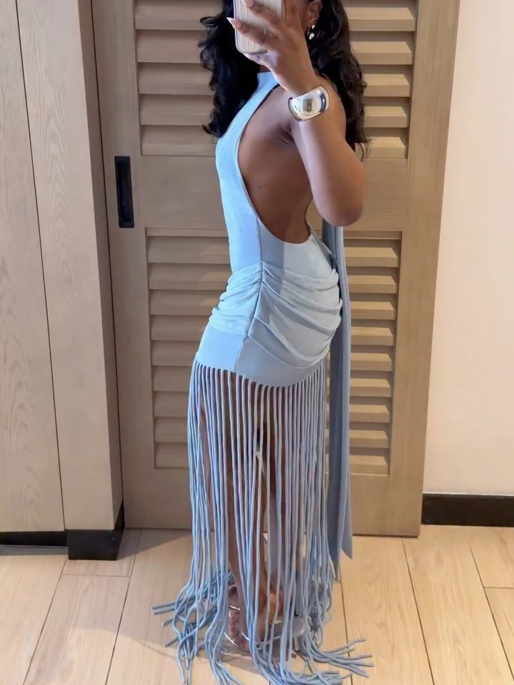 Elegant Holder Neck Tassel Dress