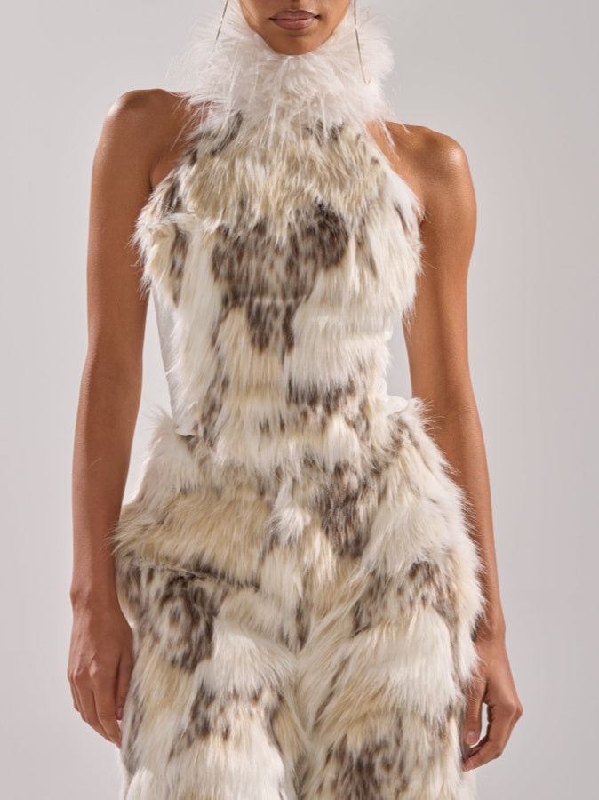 Mock Neck Fur Top & Pants Two Pieces Set