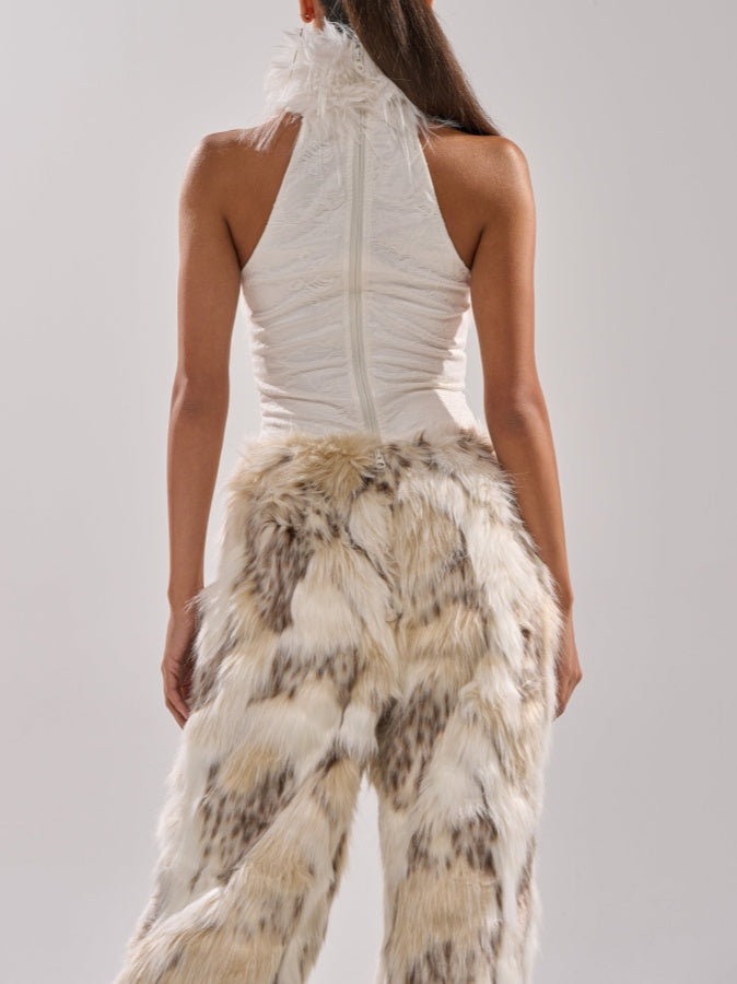 Mock Neck Fur Top & Pants Two Pieces Set