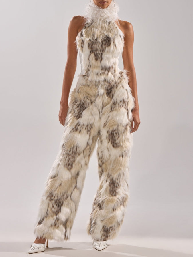Mock Neck Fur Top & Pants Two Pieces Set