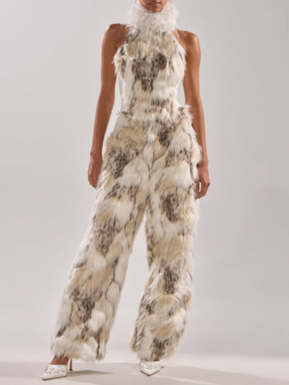 Mock Neck Fur Top & Pants Two Pieces Set