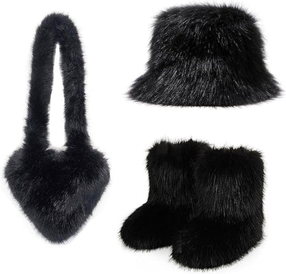 Women's Faux Fur Snow Boots Fur Purse Furry Bucket Hat Set