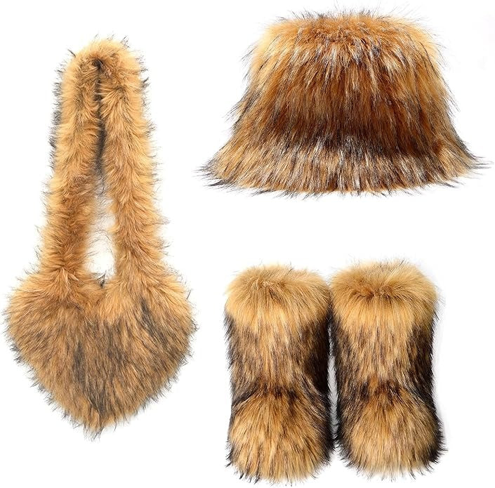 Women's Faux Fur Snow Boots Fur Purse Furry Bucket Hat Set
