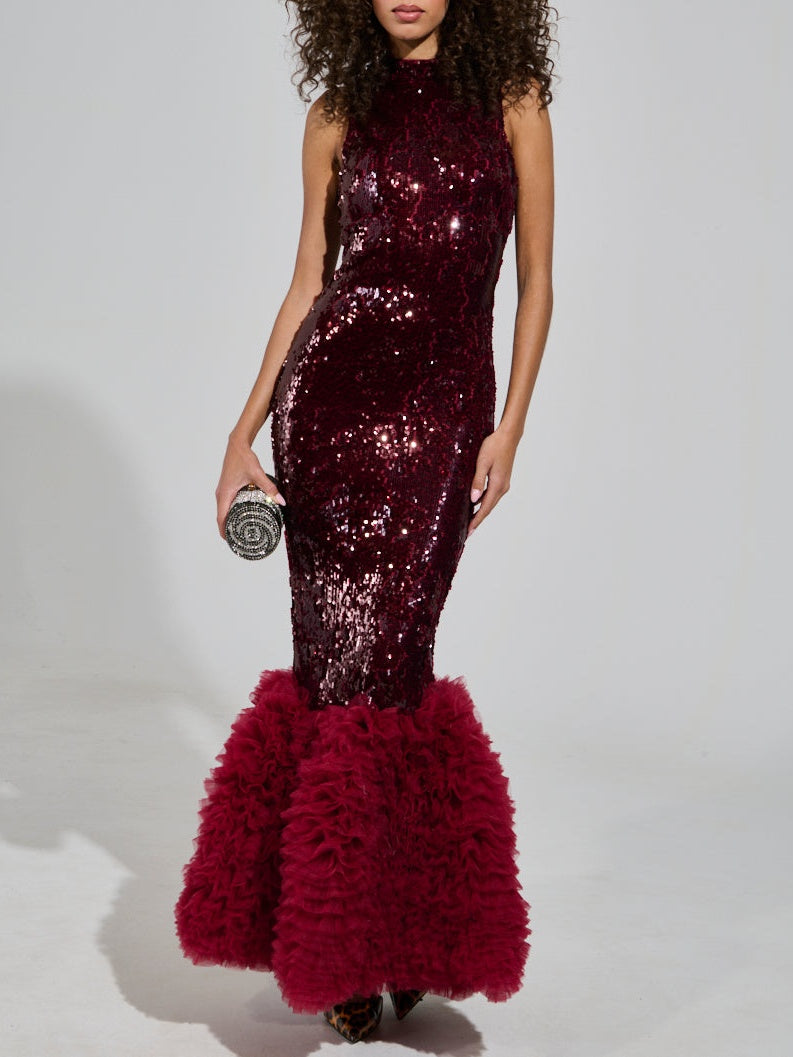 Sequined Ruffled Hem Party Maxi Dress