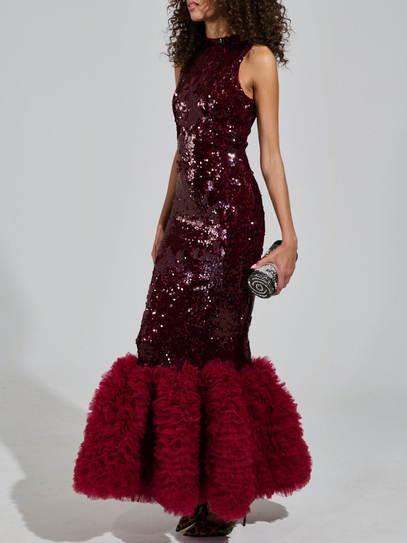 Sequined Ruffled Hem Party Maxi Dress