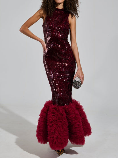 Sequined Ruffled Hem Party Maxi Dress