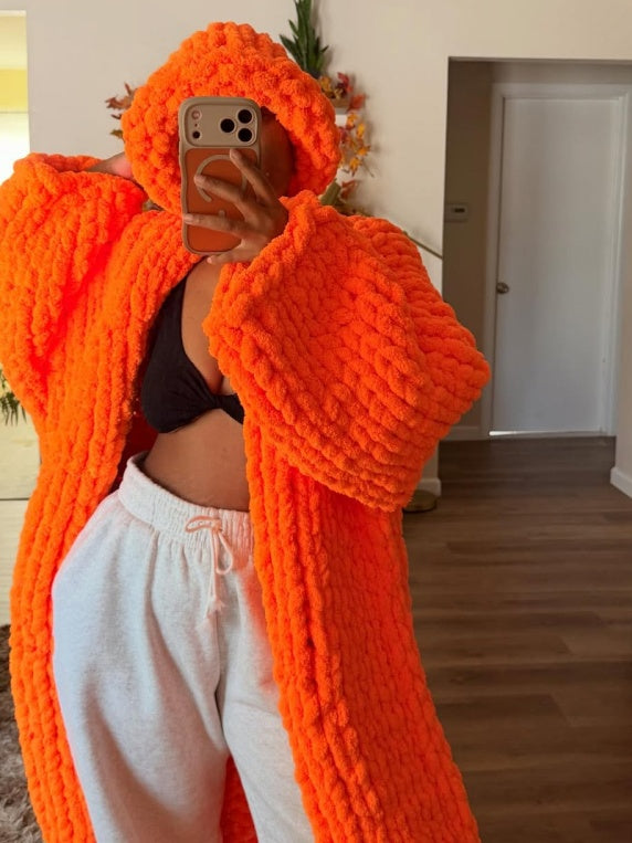 Orange Knitted Cardigan And Hat Set
