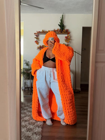 Orange Knitted Cardigan And Hat Set
