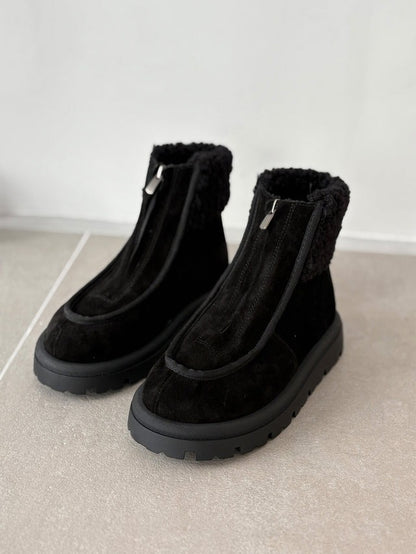 Women's Suede Boots With Front Zipper Detail And Fur Lining