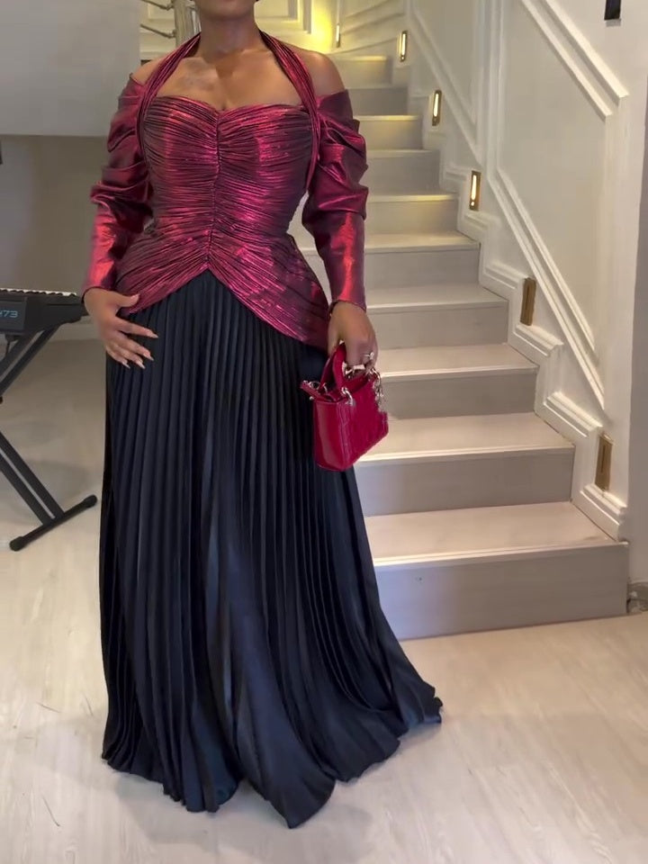 Off-shoulder Pleated Maxi Dress