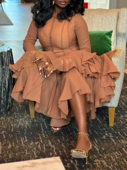 Long-sleeved Fitted Waist Ruffled Dress