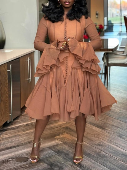 Long-sleeved Fitted Waist Ruffled Dress