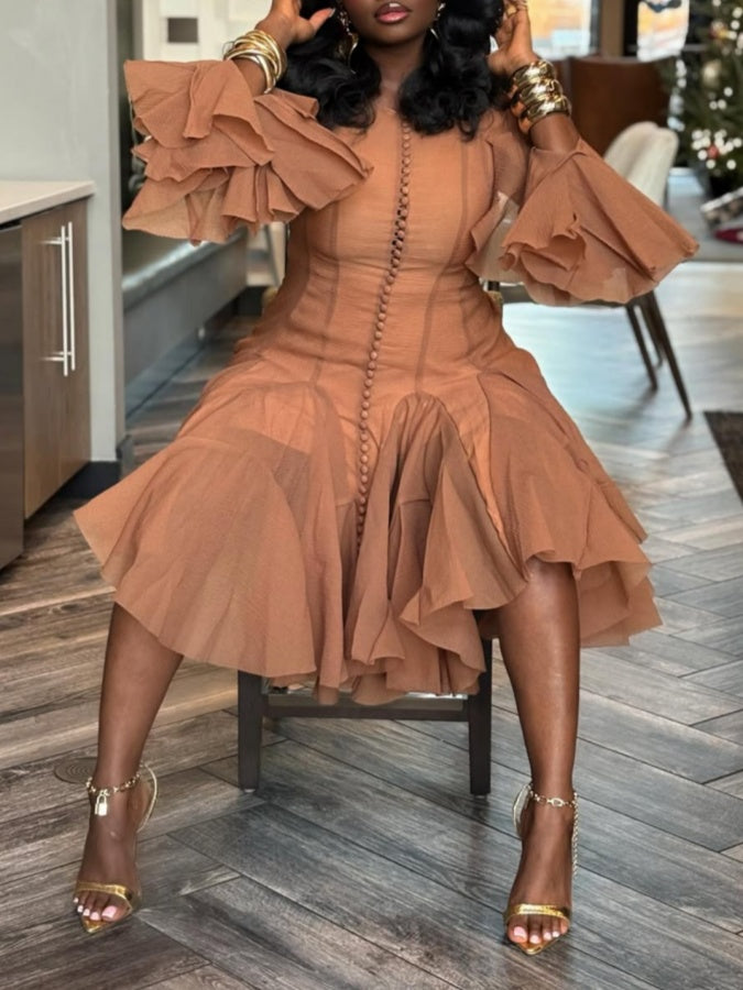 Long-sleeved Fitted Waist Ruffled Dress