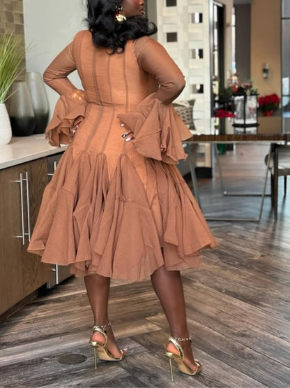 Long-sleeved Fitted Waist Ruffled Dress