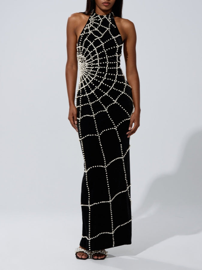 Halter-neck Backless Pearl Maxi Dress