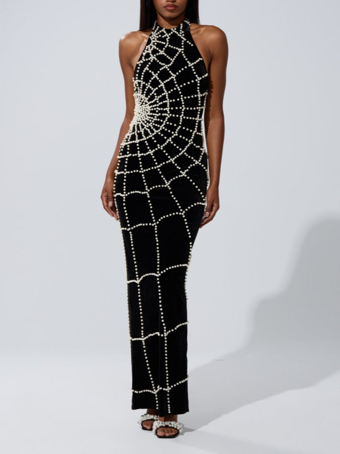 Halter-neck Backless Pearl Maxi Dress