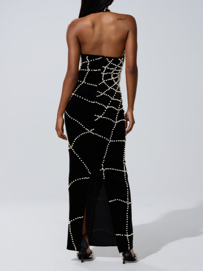 Halter-neck Backless Pearl Maxi Dress