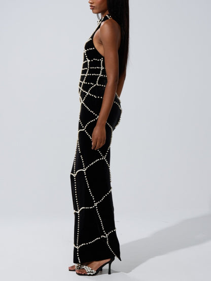 Halter-neck Backless Pearl Maxi Dress