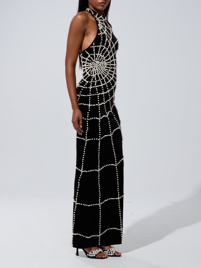 Halter-neck Backless Pearl Maxi Dress