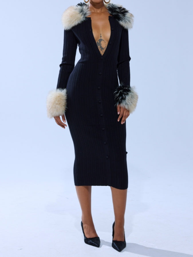 Faux Fur Collar Knit Midi Dress