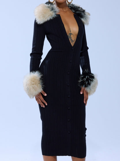 Faux Fur Collar Knit Midi Dress