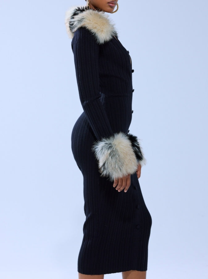Faux Fur Collar Knit Midi Dress