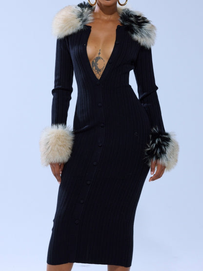 Faux Fur Collar Knit Midi Dress