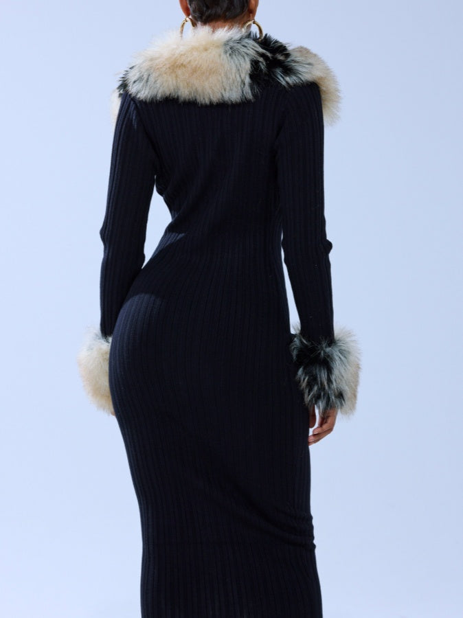 Faux Fur Collar Knit Midi Dress