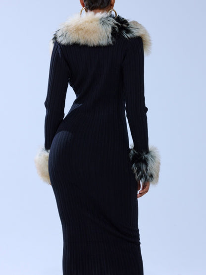 Faux Fur Collar Knit Midi Dress