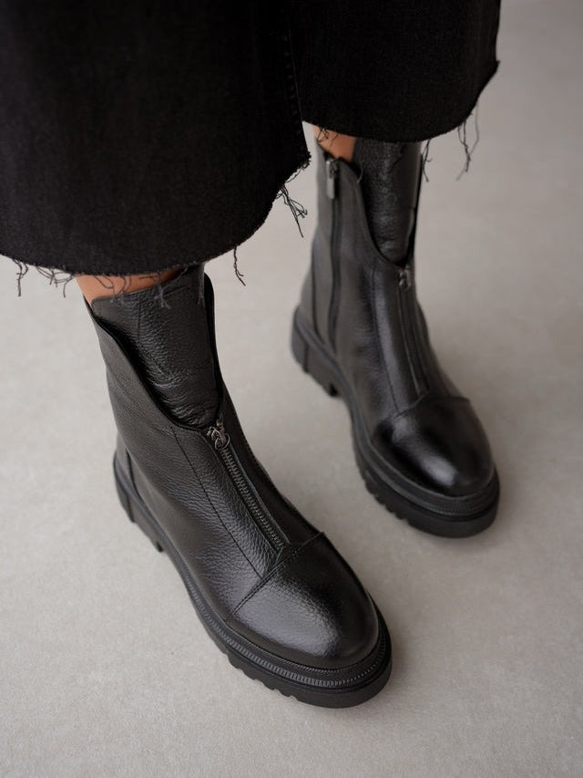 Women's Front Zipper Genuine Leather Square Toe  Boots