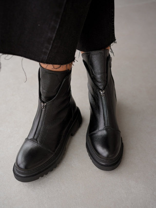 Women's Front Zipper Genuine Leather Square Toe  Boots